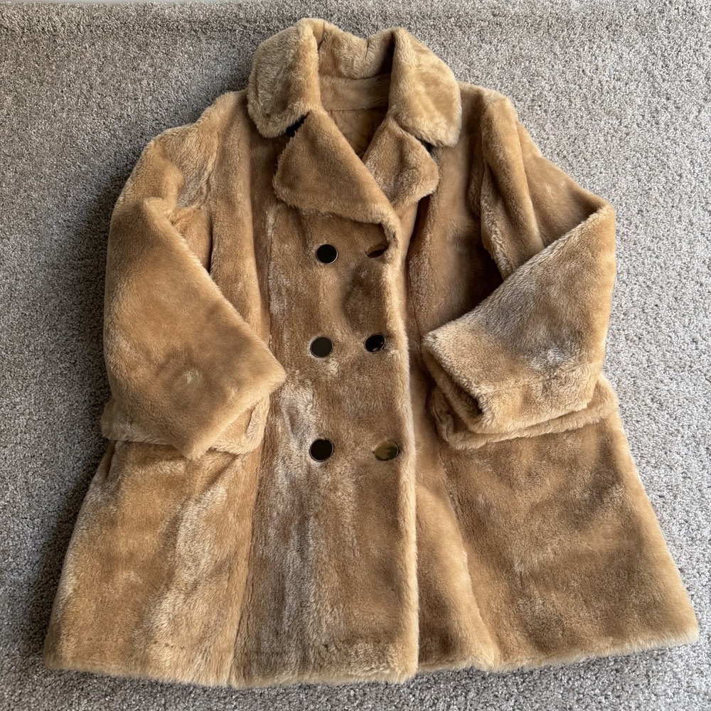 Vintage Sears Fashions Coat Womens L Brown Faux Fur Pea Mid Length Button Front